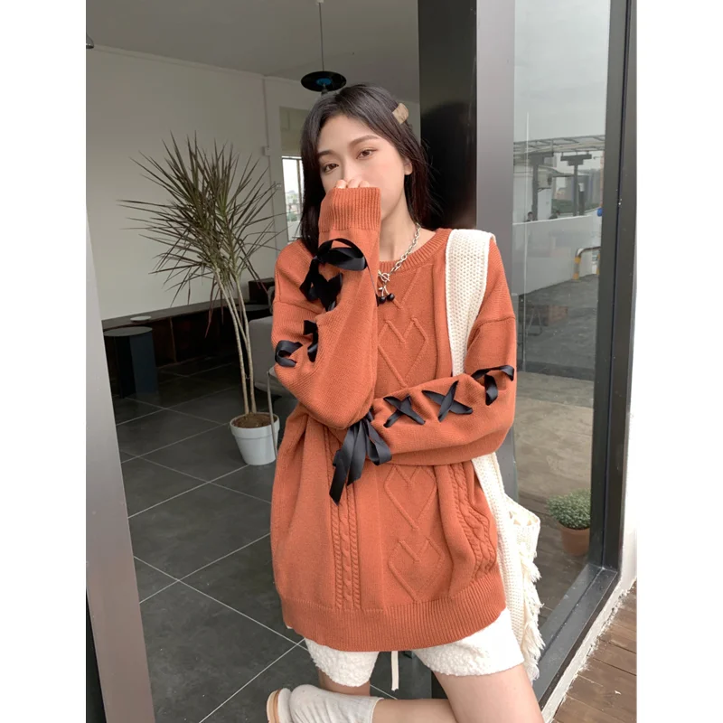 

Women's 2022 New Design Sense Fried Dough Twist Bow Long Sleeves Sweater Temperament Versatile Comfortable Knitted Top Autumn