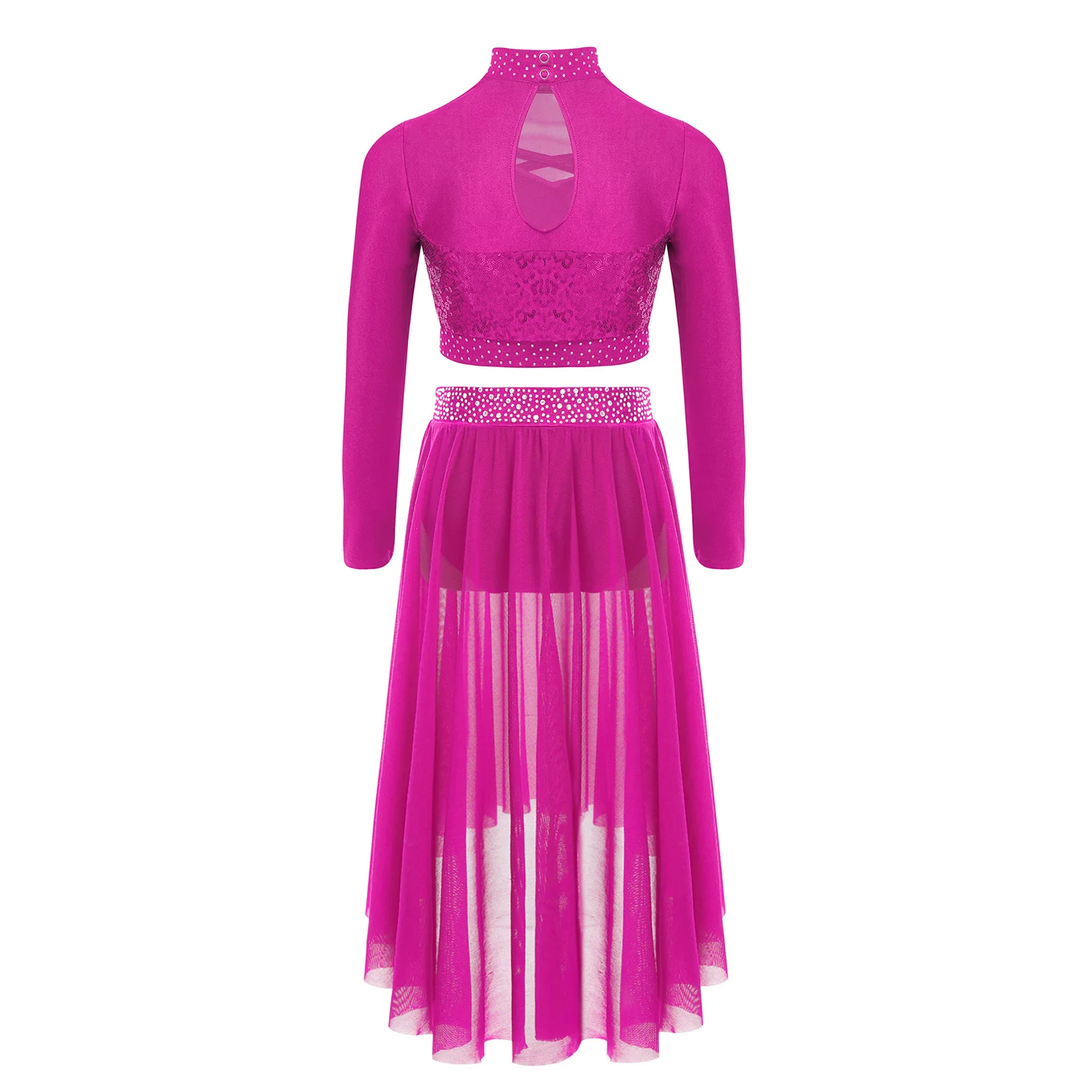 

Kids Girls Ballet Dance Set Rhinestones Sequins Crop Top with High-Low Mesh Skirt Modern Lyrical Contemporary Dance Performance