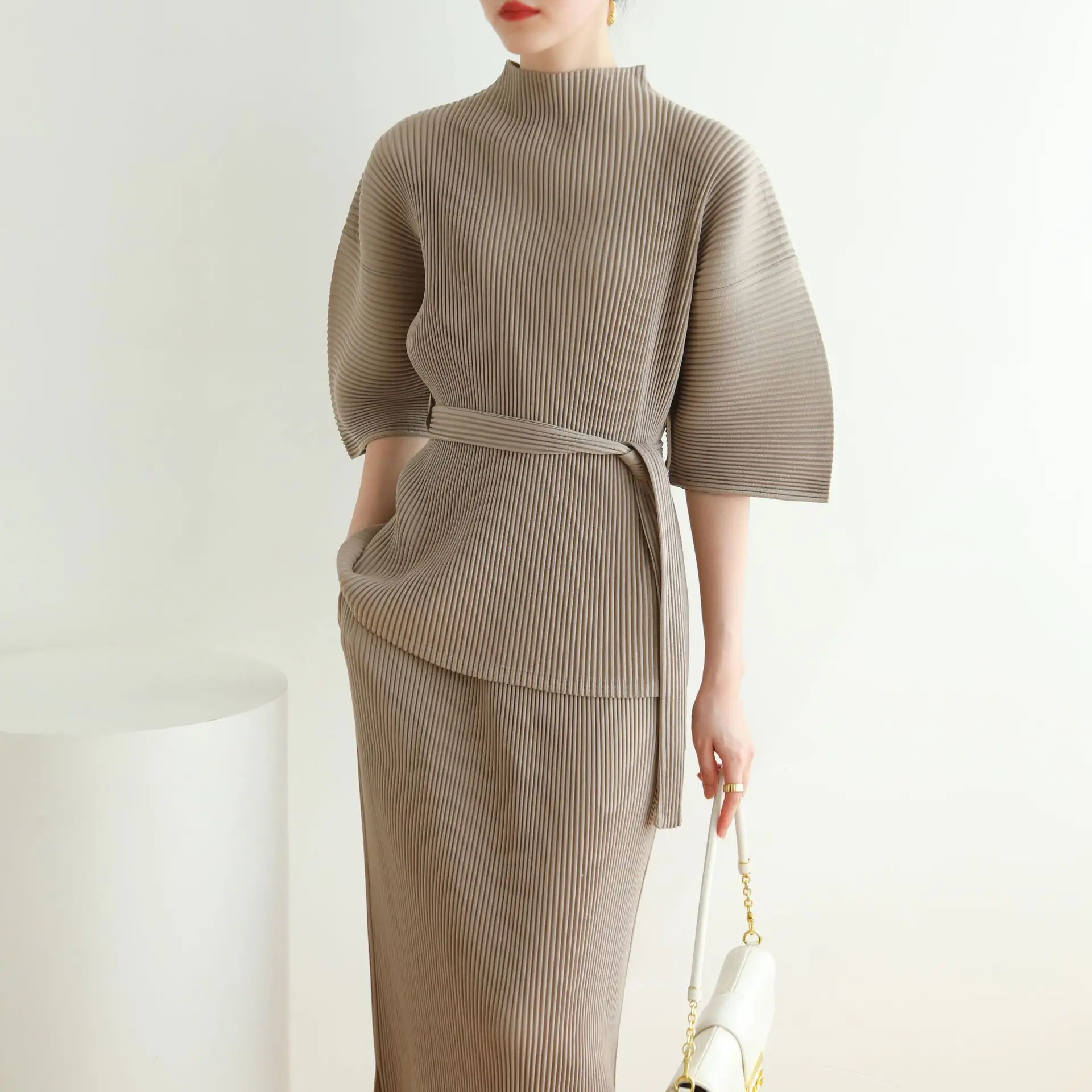 

Light Khaki Pleated Mock Neck Elbow Sleeve Belted Top Stretchy Blouse Slim-Fit Minimalist Chic Trendy Daily Office Essential