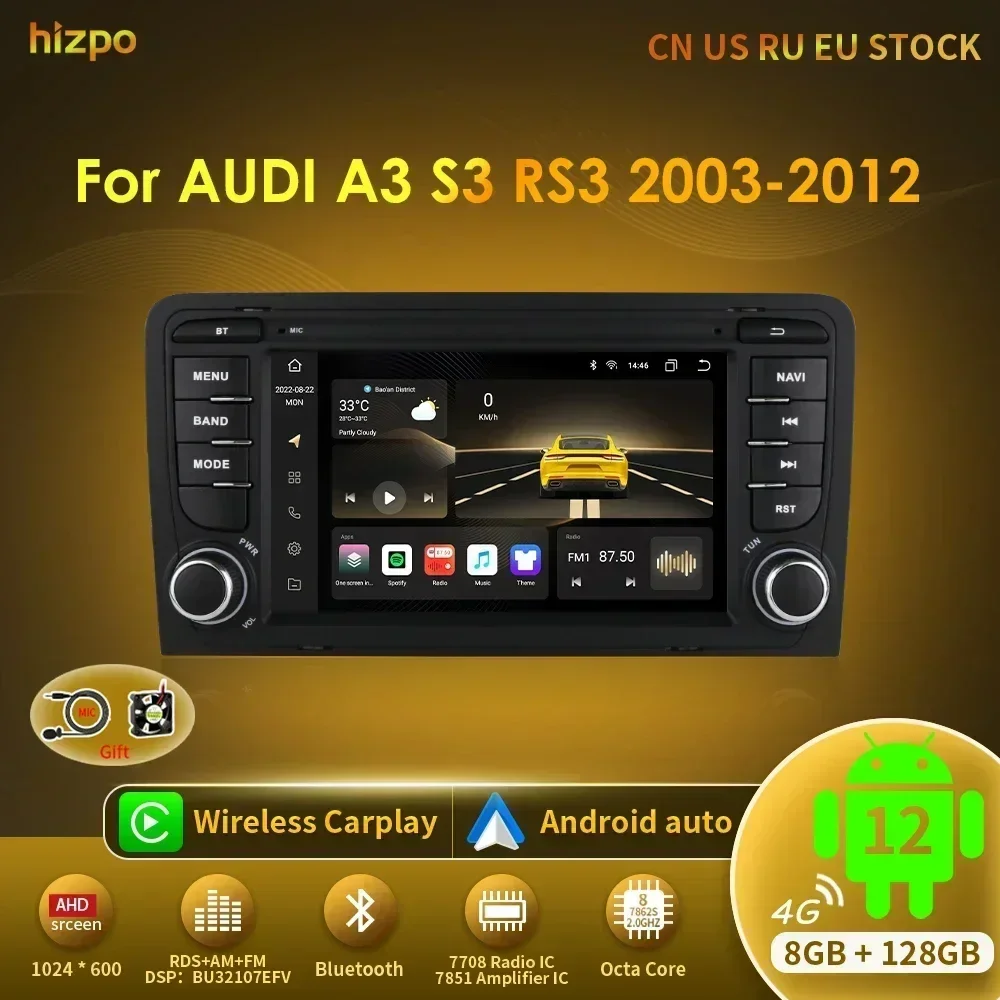 

Hizpo Android 12 7" 2 Din Car Radio Multimedia Video Player for Audi A3 S3 RS3 2003-2012 8 Cores DSP GPS Navigation Carplay AI