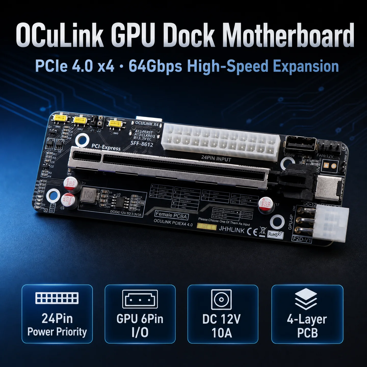 HOOCCC OCuLink eGPU Dock, PCIe 4.0 x4 to PCIe x16 Riser Card SFF-8612 64Gbps External GPU Adapter, ATX/Dual PSU, Mini PC Laptop
