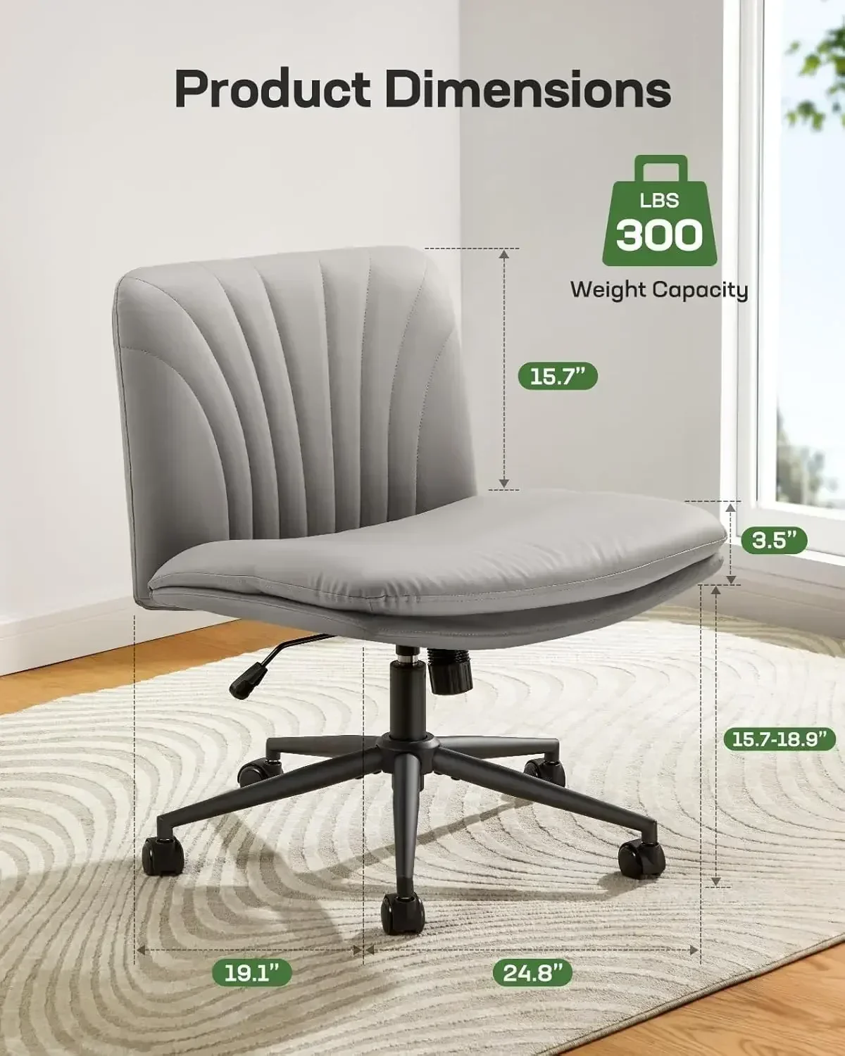Armless-Office Desk Chair with Wheels: PU Leather Cross Legged Wide Chair,Comfortable Adjustable Swivel Computer Task Chairs for