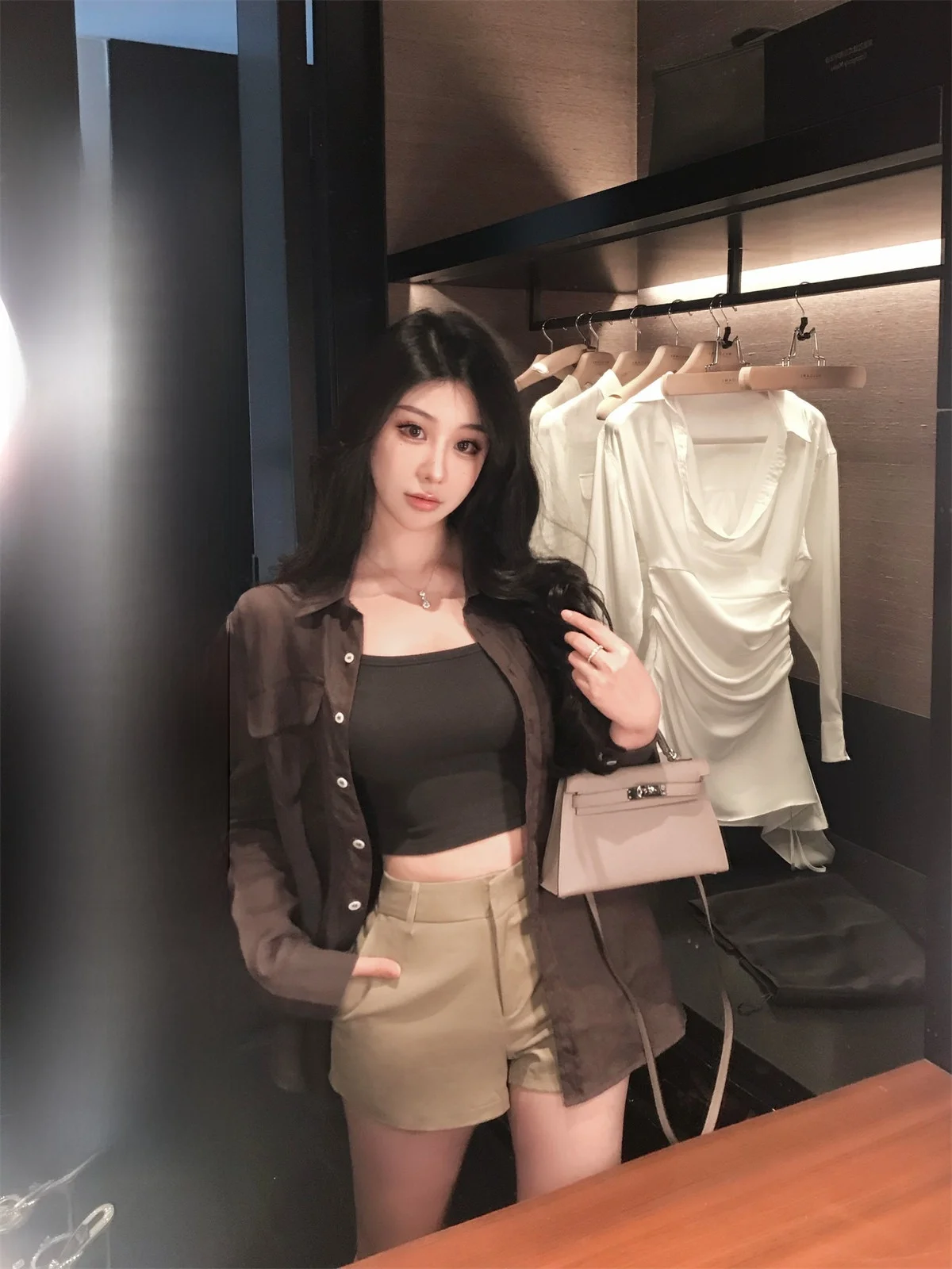 

Loose Women's Shirt Double Pocket Grey Simple Design Long Sleeve Pure Color Square Collar Casual Fashion Streetwear Hotdog