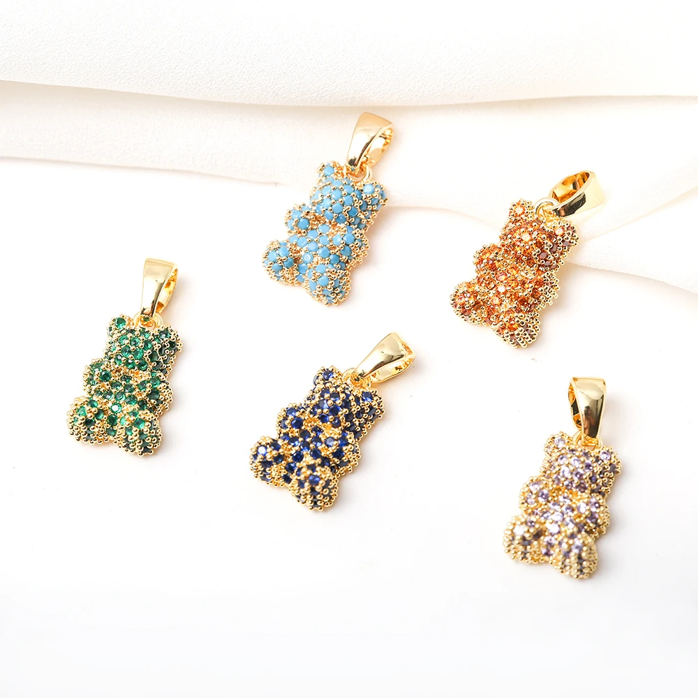Micro Pave Rhinestones Gummy Bear Pendant With Bail Brass Gold Plated Animal Bear Charm For Diy Bracelet Necklace Jewelry Making
