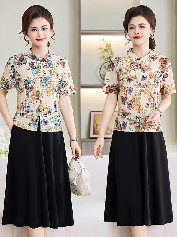 

Summer Short Sleeve Qipao Dress Padded Two-Piece Suit Style Women's Slim Fit with Button Detail Elderly Women's Dress