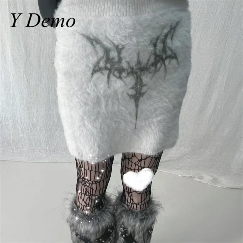 Y Demo Punk Gothic Fuzzy Cross Printing Women Slim Elastic Mini Skirt Harajuku Soft Over Knee Skirts