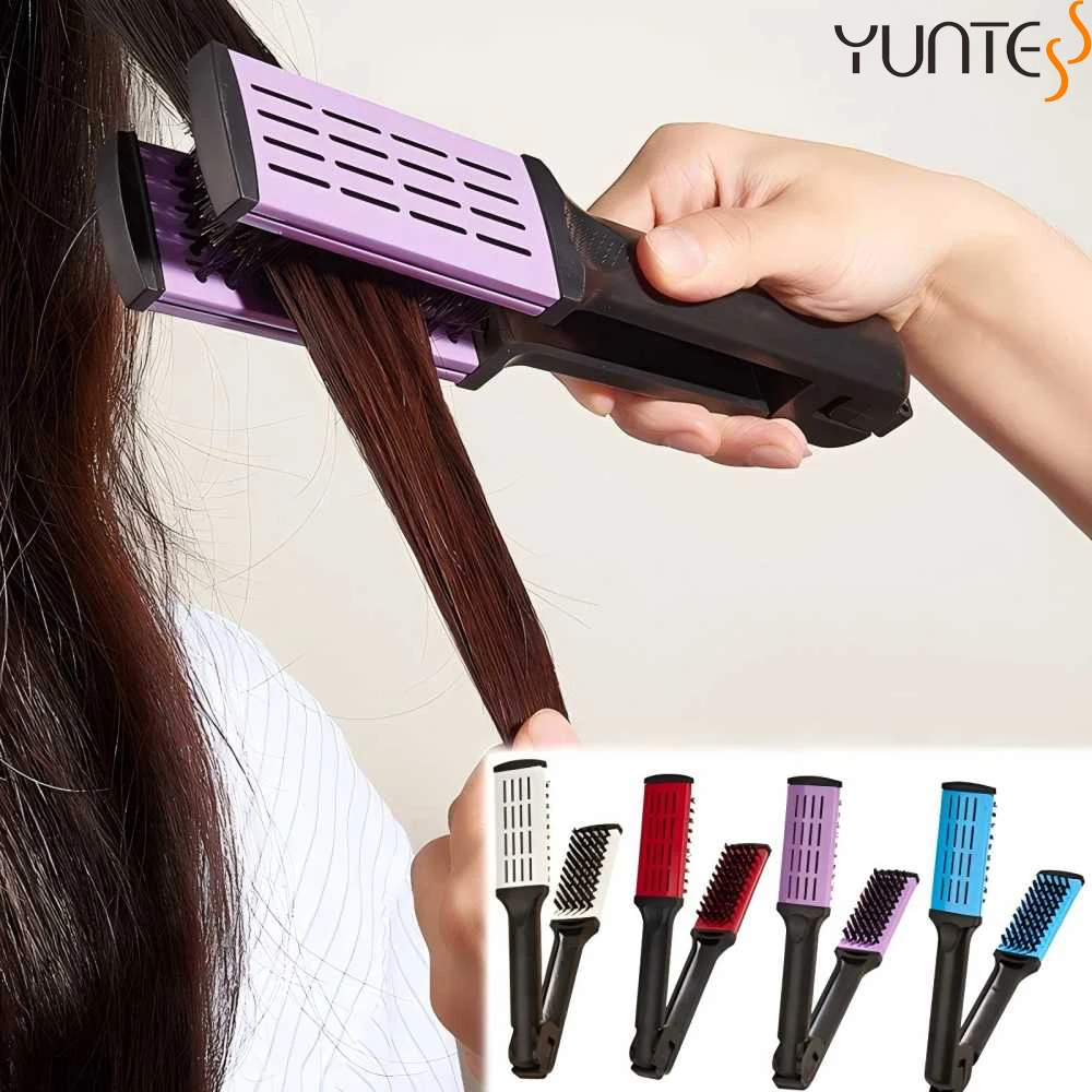YUNTES Pro تصفيف الشعر مكواة فرد الشعر النايلون فرش مزدوجة على شكل حرف V مشط المشبك لا تؤذي أدوات التصميم DIY المنزل