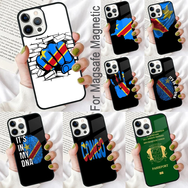 

Мягкий Магнитный чехол с флагом Демократической Республики Конго для iPhone 16 Promax 15 Pro 13 14 Plus 11 12 Mini MagSafe Coque