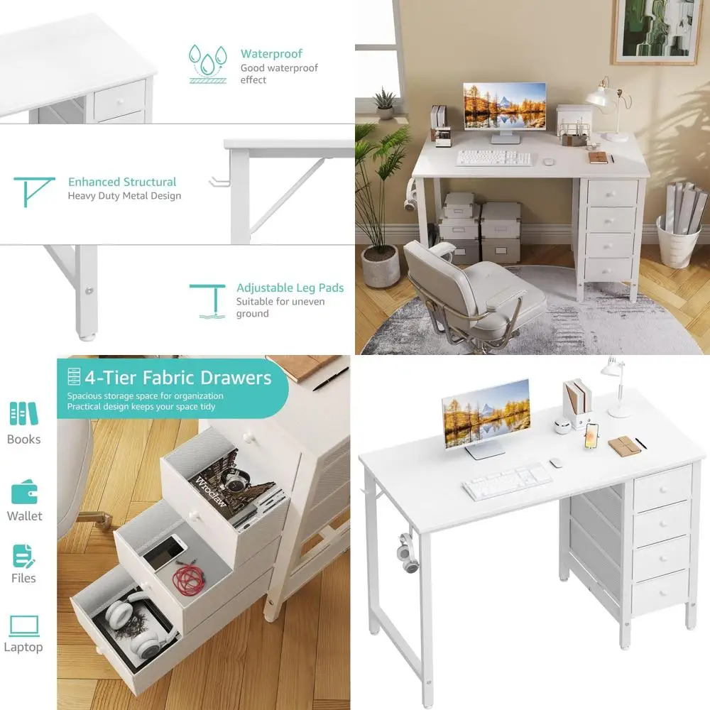 

Compact White Desk with Drawers for Kids' Bedroom, 40 Study Desk for Girls, Reversible Table for Computer, Writing, and Manicure