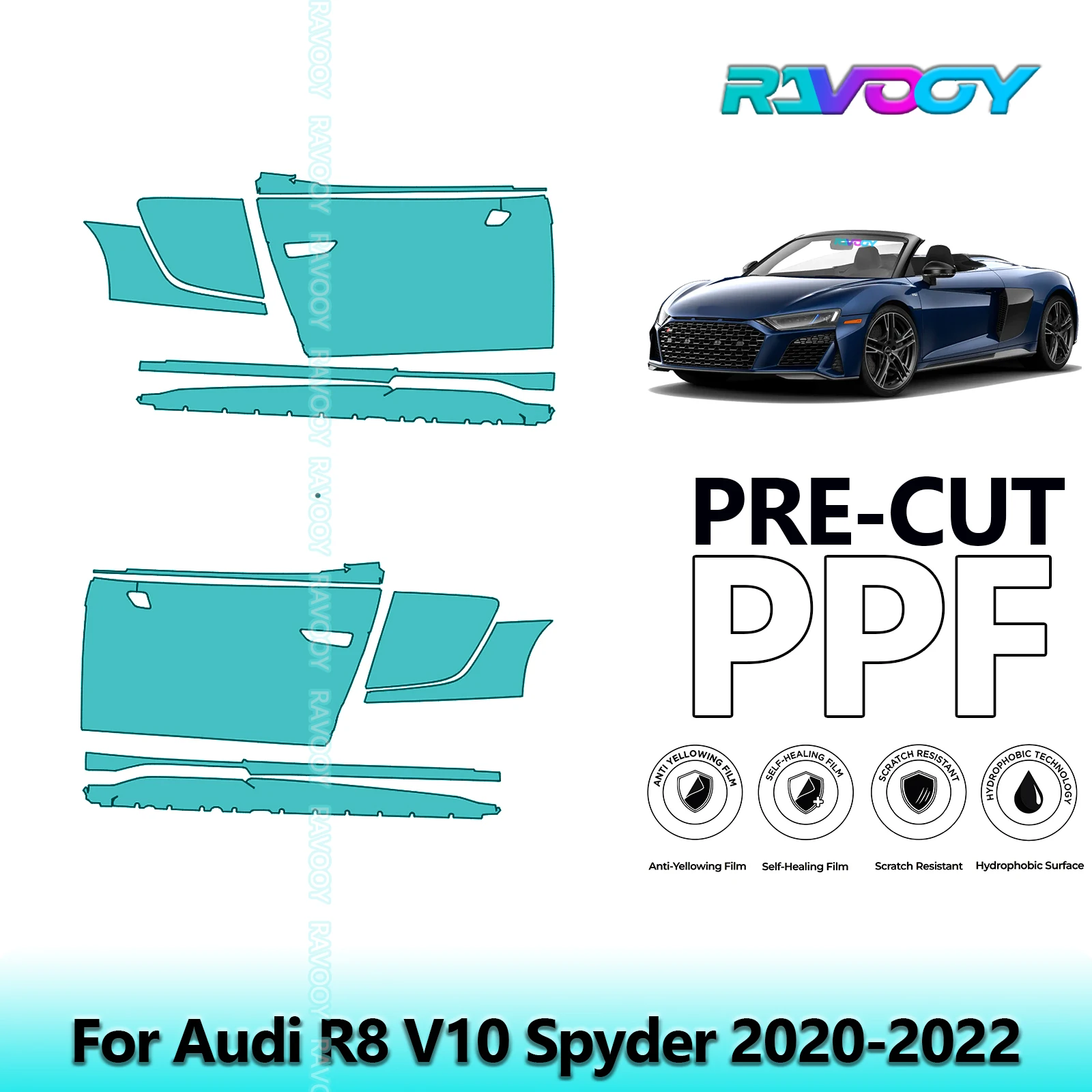 

For Audi R8 V10 Spyder 2020-2022 8.5mil Clear Matte Pre-Cut PPF Door & A/B Pillar Kit TPU Paint Protection Film Set