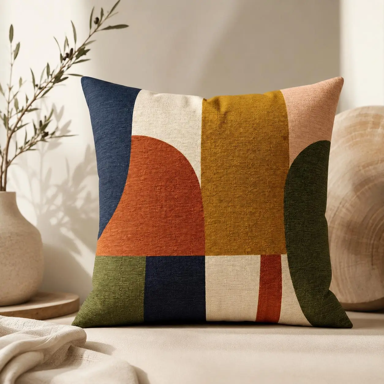1pc Modern Color Block Geometric Abstract Throw Pillow Cover 2D Double-Side Print Polyester Cushion Case for Sofa Boho Neutral R