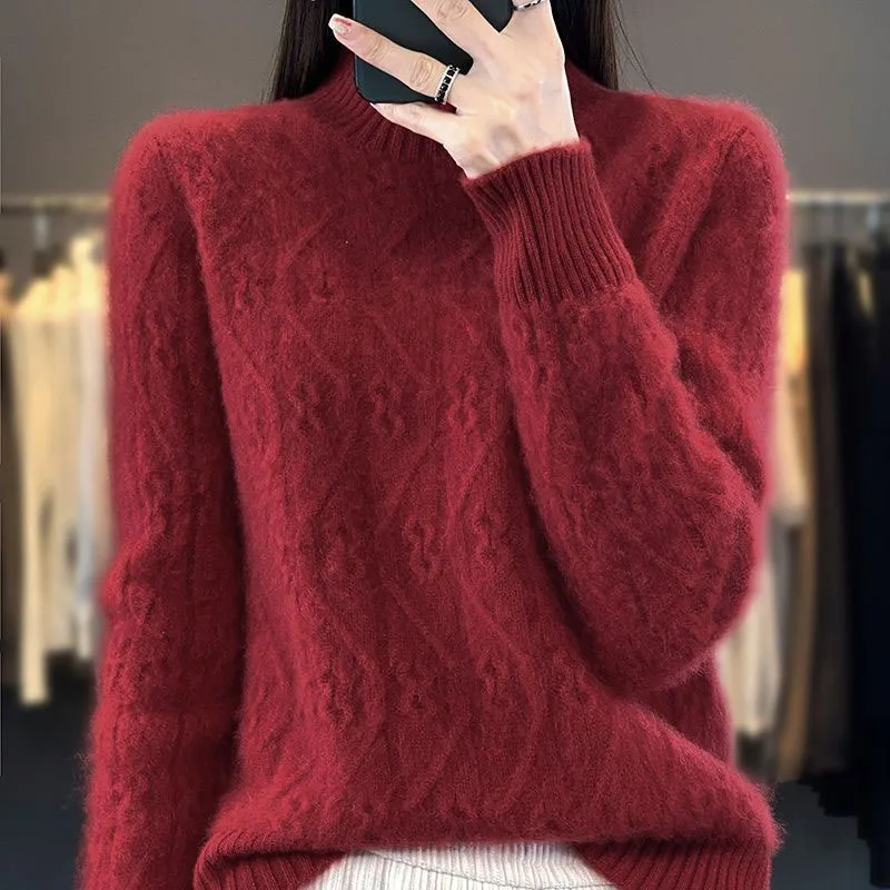 New Autumn and Winter Fashion Korean Solid Fried Dough Twists Half High Collar Thickened Loose Versatile Western Women\'s Sweater