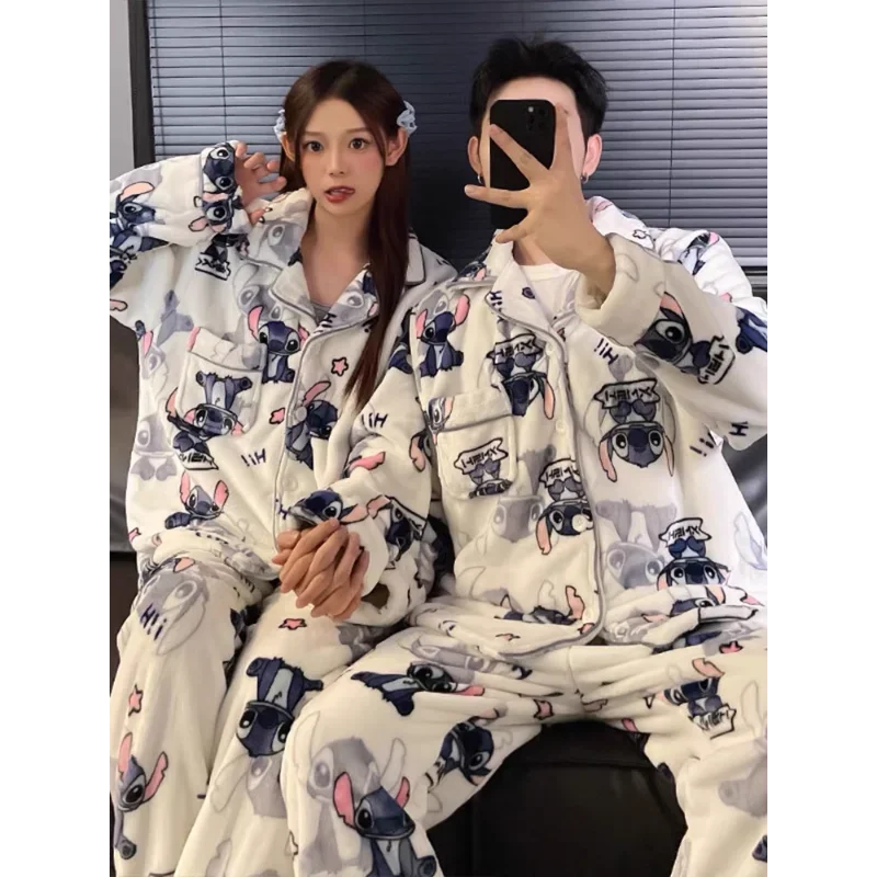 Cartoon Disney couple pajamas winter coral fleece new warm men\'s/women\'s two-piece suit loungewear Stitch women\'s pajamas