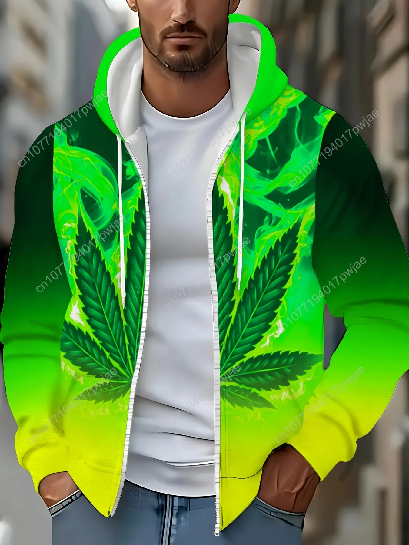 Мужская толстовка с капюшоном на молнии с длинными рукавами и рисунком листьев, осенне-зимняя повседневная уличная куртка с завязками и карманами