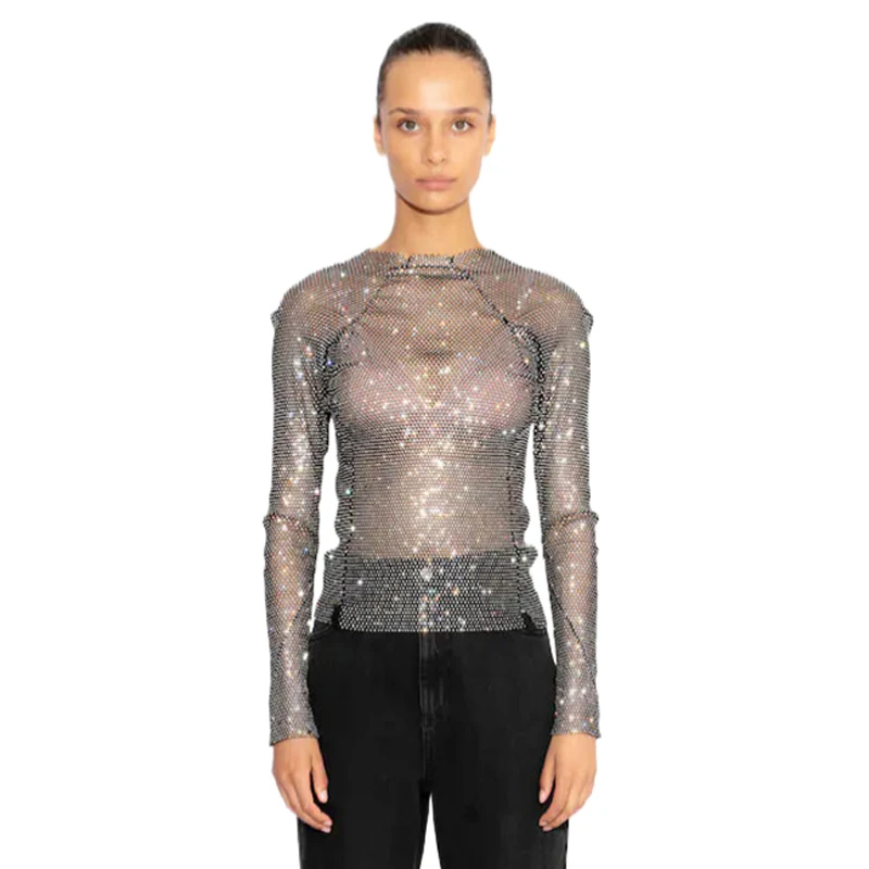 Vintage 2000er Jahre Damenmode Crop Top Netzstoff T-Shirt Glänzende Strass Starlight Durchsichtiges Sexy Oberteil Party Clubwear Top – Detail 2