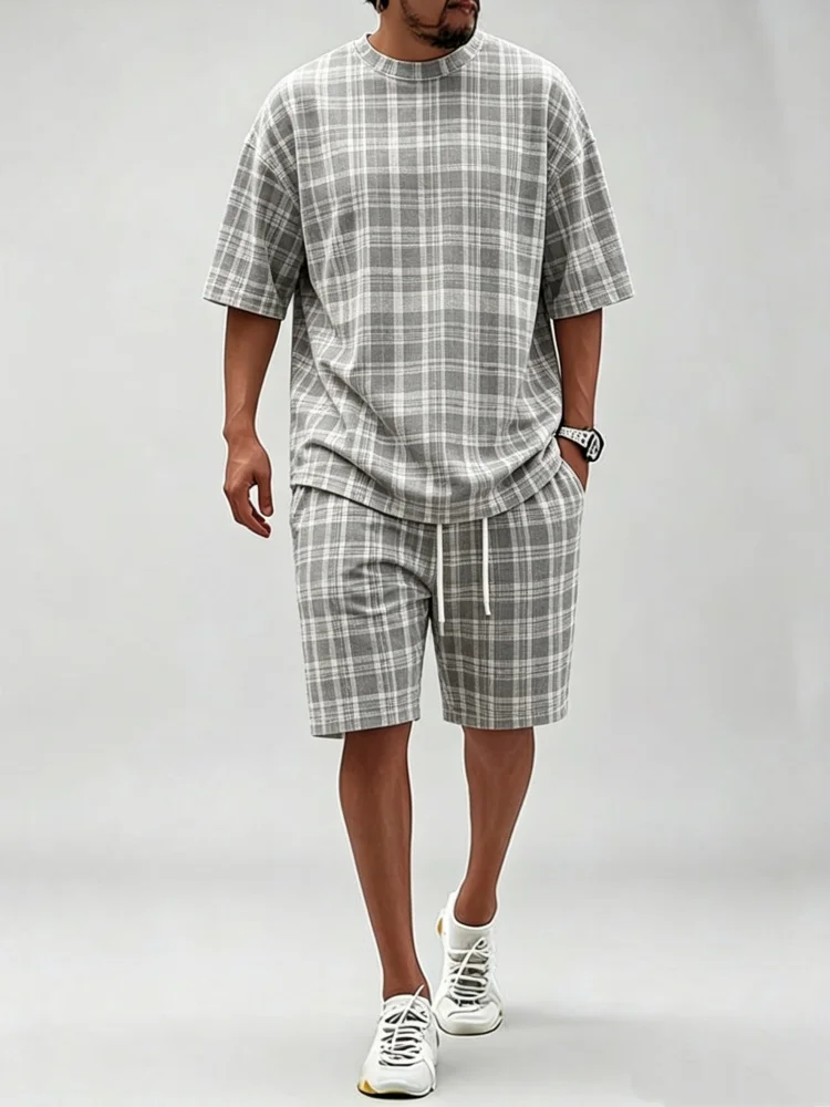 Men Grey White Check Plaid Baggy Short Sleeve T Shirt Relaxed Fit Casual Shorts Daily Classic Comfort Two Piece Outfit