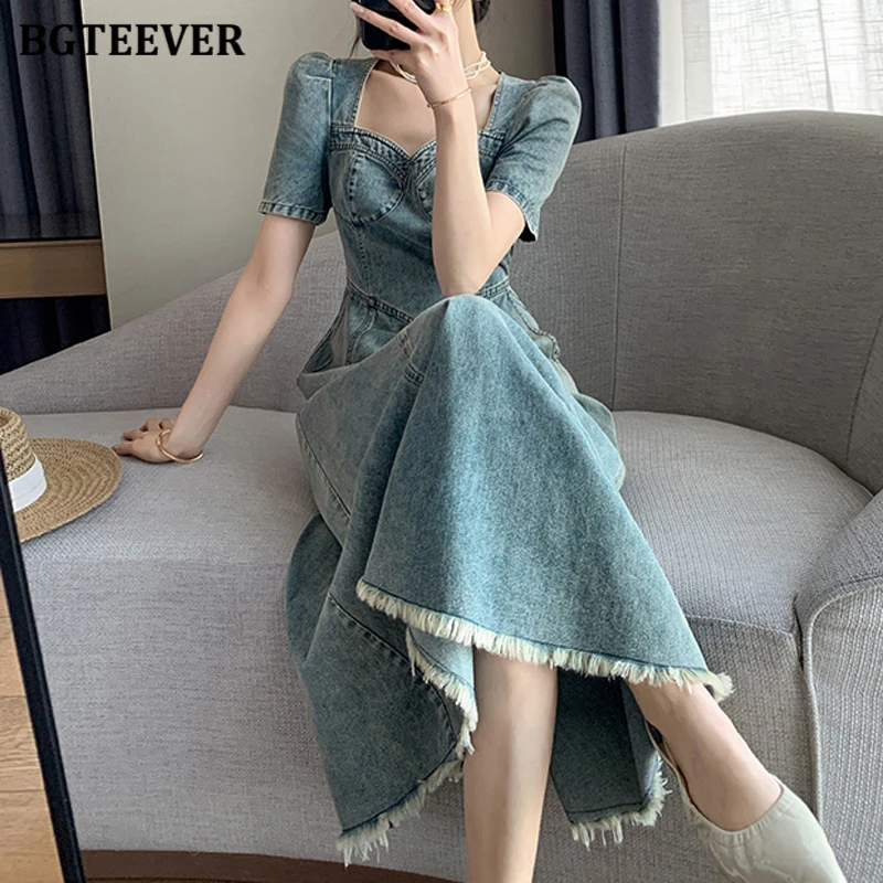 

BGTEEVER Casual Slim Waist Female Mid-Length A-line Denim Dress Summer Square Collar Short Sleeve Vintage Women Jeans Dress