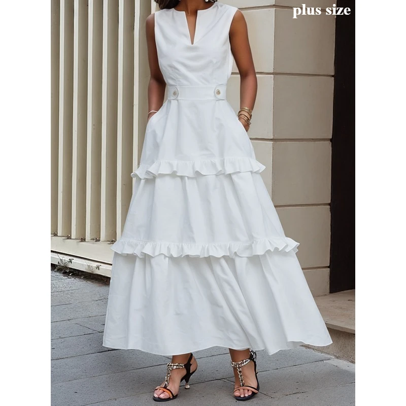 

Tinaa 100%cotton Plus Size Cake Dresses 2025 Sleeveless Solid High Waist V-neck Pockets Ruffles Party Dress Female 180097