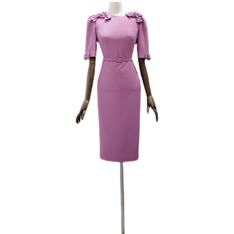 

Ele Mid-Length ort-Sve Commute Dr Women's Slim Fit OL Sle Knot High Waist Zipper H-ape Summer Dr
