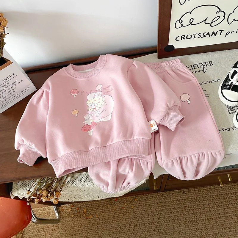 

Розовые флисовые комплекты для девочек, 2 предмета, теплый пуловер, топы с длинными рукавами с героями мультфильмов, толстовки + милые мешковатые штаны с высокой талией, детские толстые костюмы