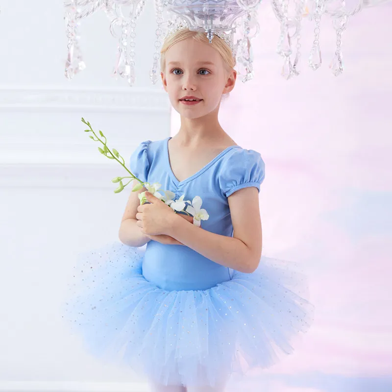 

Ballet Leotard Tutu Dress Short Sleeve Dance Training Uniform Light Pink Blue Purple Mesh Skirt Outfit Stage Practice Apparel