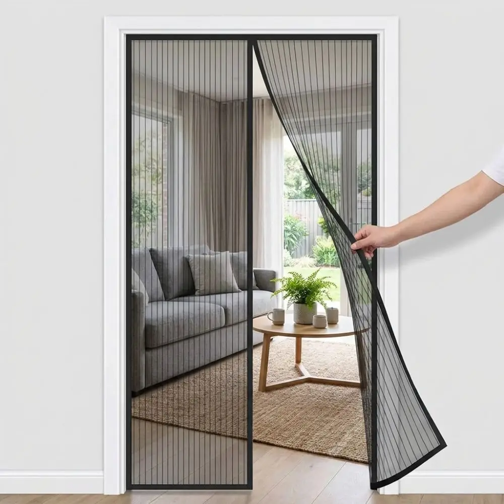 Self Sealing Magnetic Screen Door Heavy Duty Breathable Mosquito Net Curtain Striped Soft Net Vertical Dense