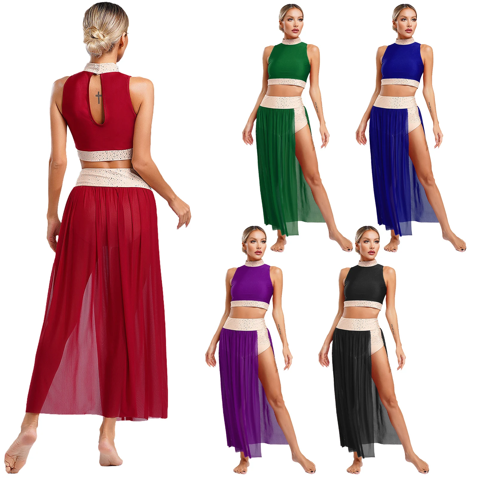 Moderne balletdans voor dames Mesh top wijde pijpen broek rok bevestigd 2-delige lyrische outfits ballerina meisjes toneelkostuum