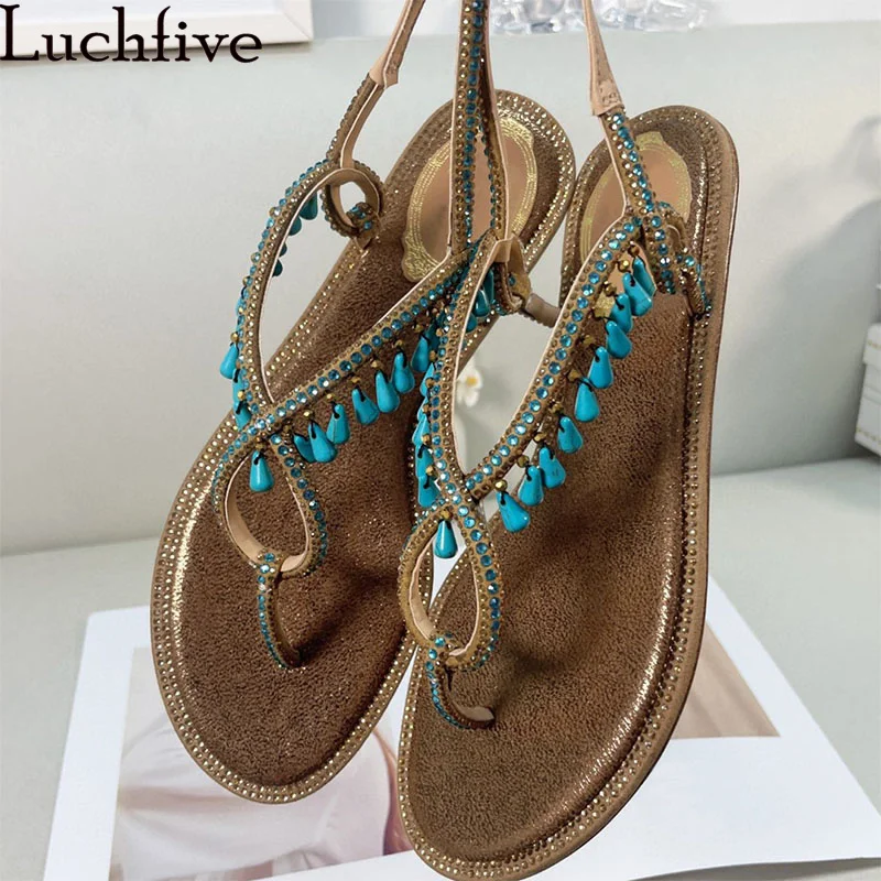 

Ethnic Style Flip Flops Flat Sandals Women Beading Pendant Ankle Buckle Gladiator Sandals Summer Luxury Sexy Beach Party Shoes