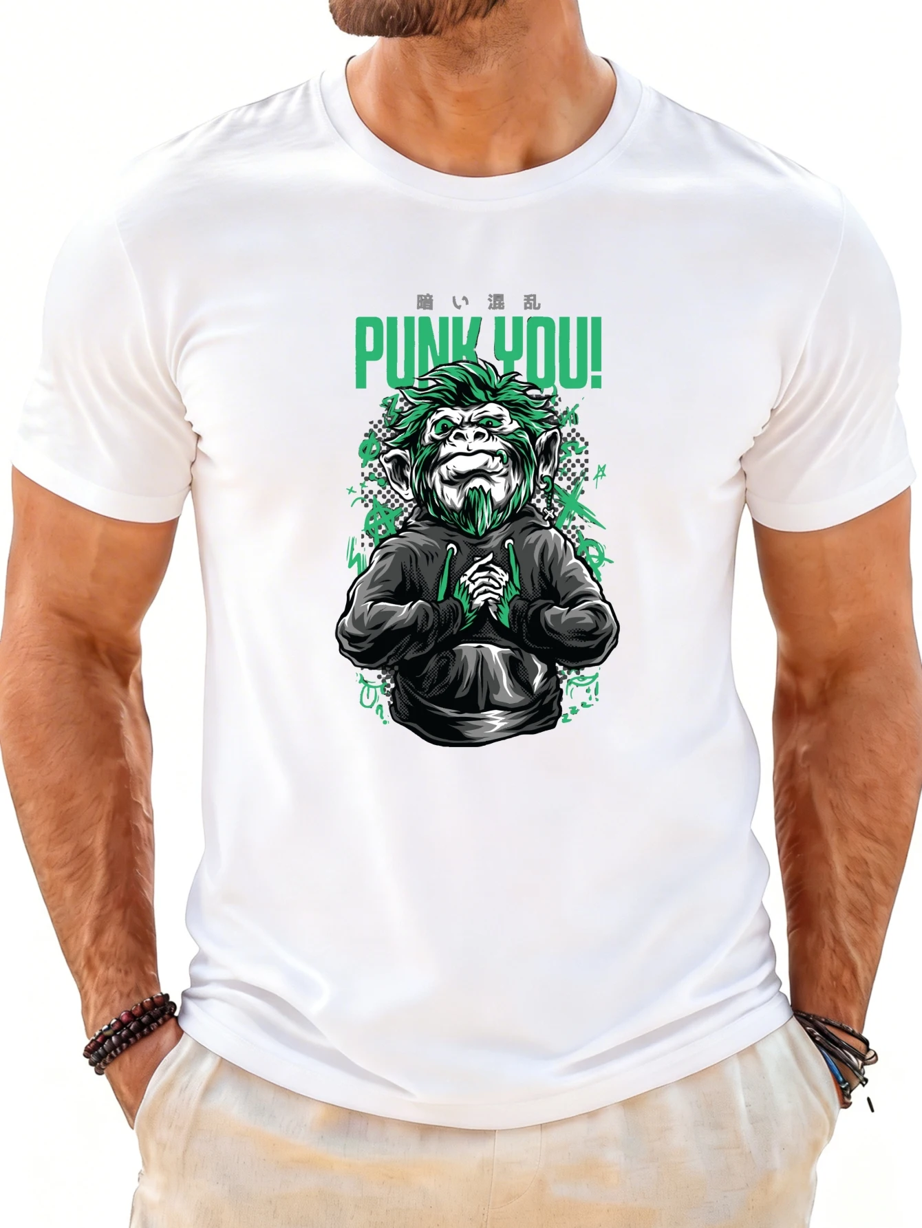 Casual Street Style Men's T-Shirt with Monkey Punk Graphic and Japanese Text, Suitable for Spring and Summer Wear, a Trendy Choice for Fashionable Men, and a Gift for Friends.