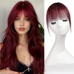 Wine Red Human Hair Extensions Clip in Bangs Hairpieces 100% Remy Human Hair Colored Air Bangs with Temples for Women Party Use