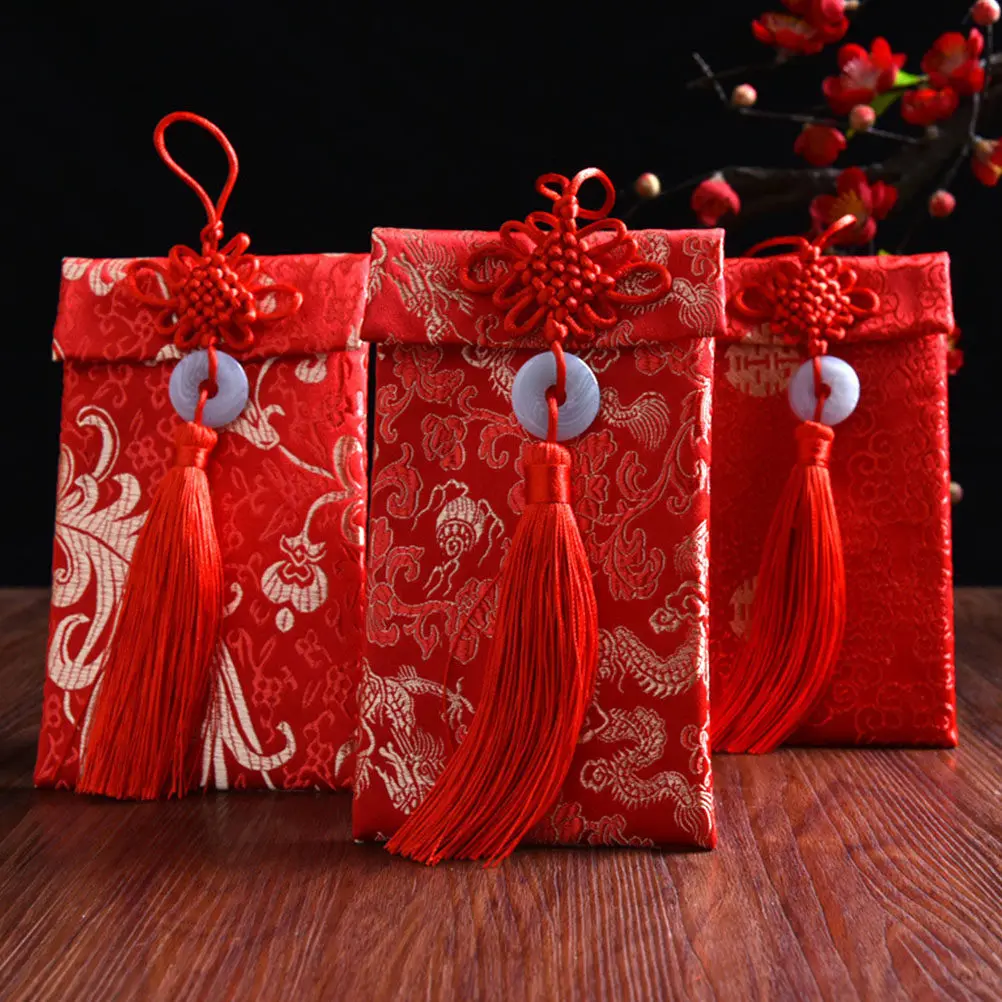 

2 шт. Красные конверты с китайским узлом, парчовые праздничные денежные пакеты, вышитые, новогодний подарок, традиционный дизайн с шелковыми пуговицами, 2023