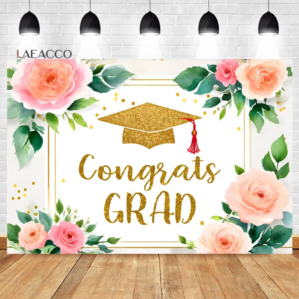 2025 Graduation Happy Photography Backdrop Gold Scholar Hat Pink Flower Small Fresh Style Party Decor Portrait Photo Background