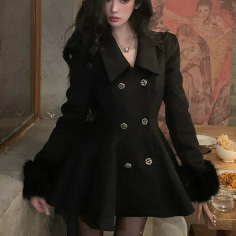 

Французские шерстяные пальто с черным меховым воротником Хепберн, женские винтажные смешанные повседневные верхняя одежда средней длины, корейские элегантные теплые наряды в стиле Лолиты