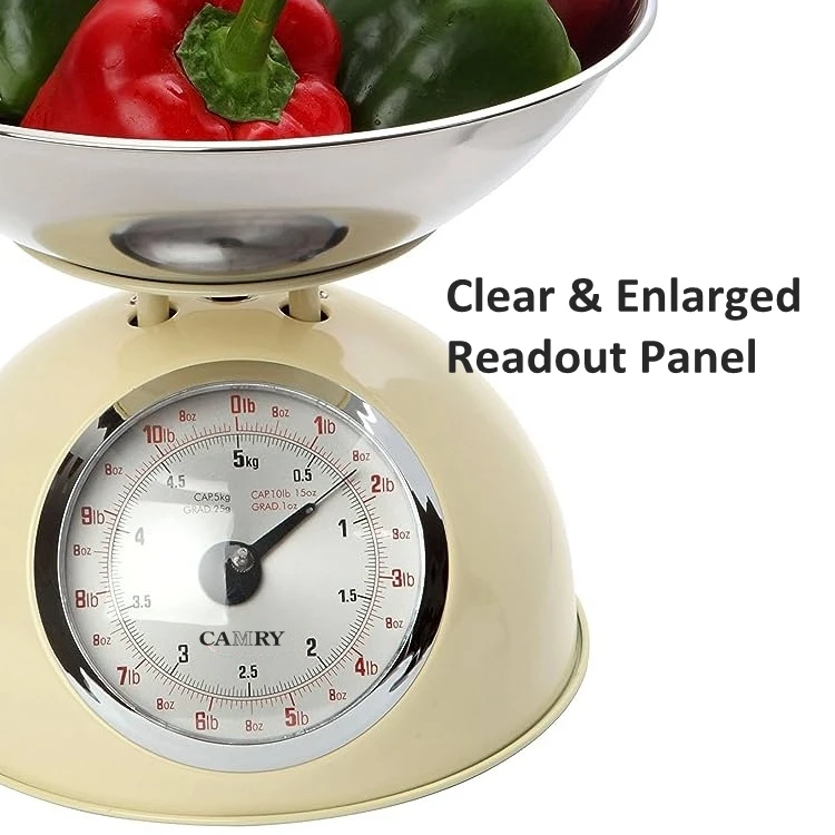 低価格金属製ハウジングダイヤル式スプリングバランス機械式キッチン計量食品スケールスプリングスケール、ボウル付き、5kg、4kg、20g計量可能