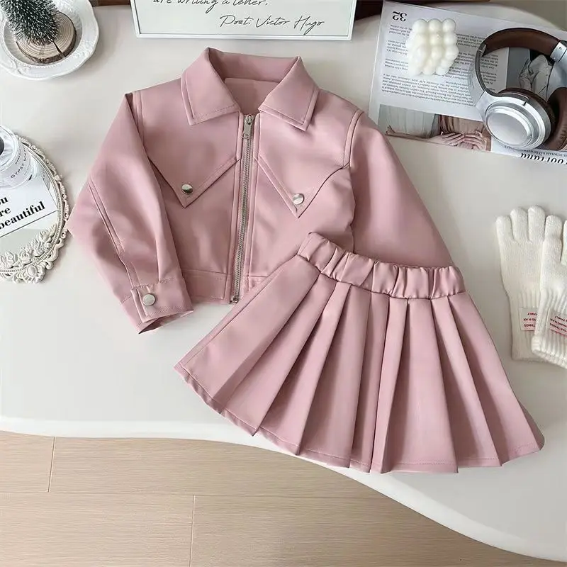 2024 Autumn New Korean Girls Small Fragrant Style Temperament Leather Jacket Set Baby Pleated Skirt Two-piece Set 2-7Y