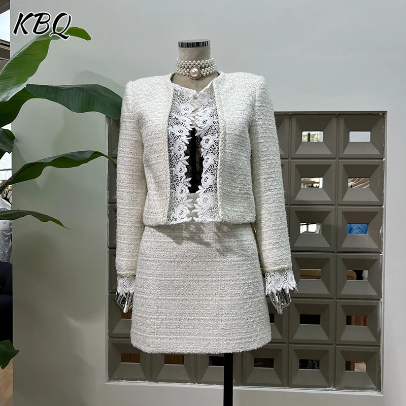 

KBQ Solid Chic Two Piece Sets for Women Round Neck Long Sleeve Spliced Lace Shorts High Waist A Line Skirts Chic Set Female New