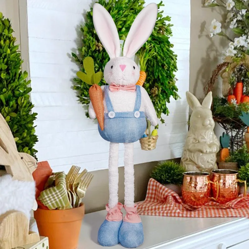 1 Stück Oster-Hasen-Plüschdekoration mit Karottenkorb Niedliche Stofftier-Figur Wohndekor Kreatives Geschenk für das Osterfest