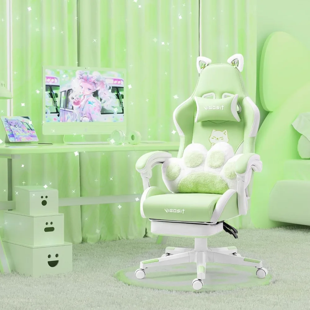 

Cute Gaming Chair with Cat Paw Lumbar Cushion and Cat Ears, Ergonomic Computer Chair with Footrest, Reclining PC Game Chair
