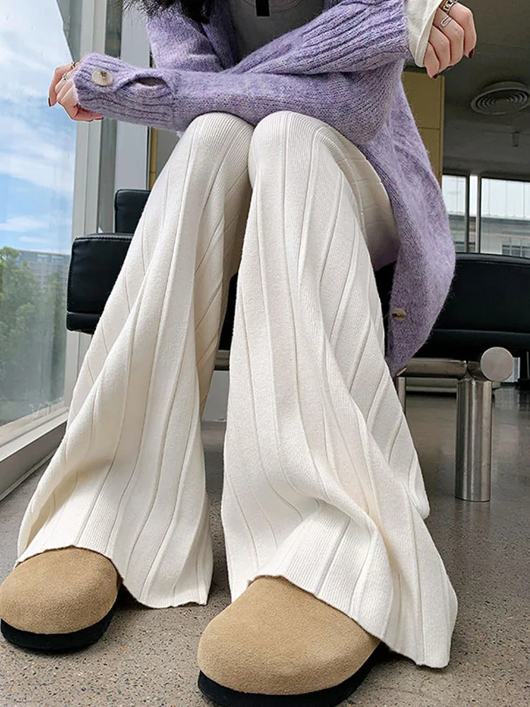 Lace Up Baggy Straight Sweat Knitted Pants Women's Casual Pleated Wide Leg Pantalones High Waisted Loose Sports Trousers Hosen