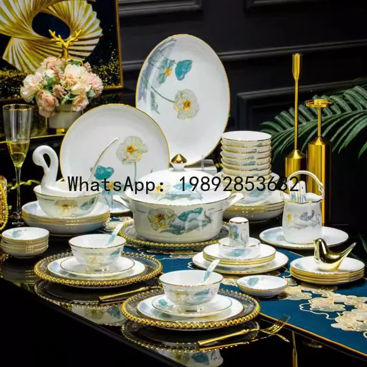 5CJTown Ceramic Bowl and Dish Set Home Light Luxury Tableware Bone Porcelain High Beauty Bowl and Dish Set High