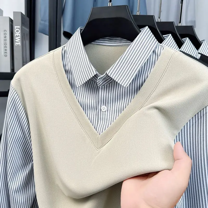 

New Spring and Autumn Men's Fake Two-piece Tops Versatile Solid Color POLO Shirts for Young and Middle-aged People