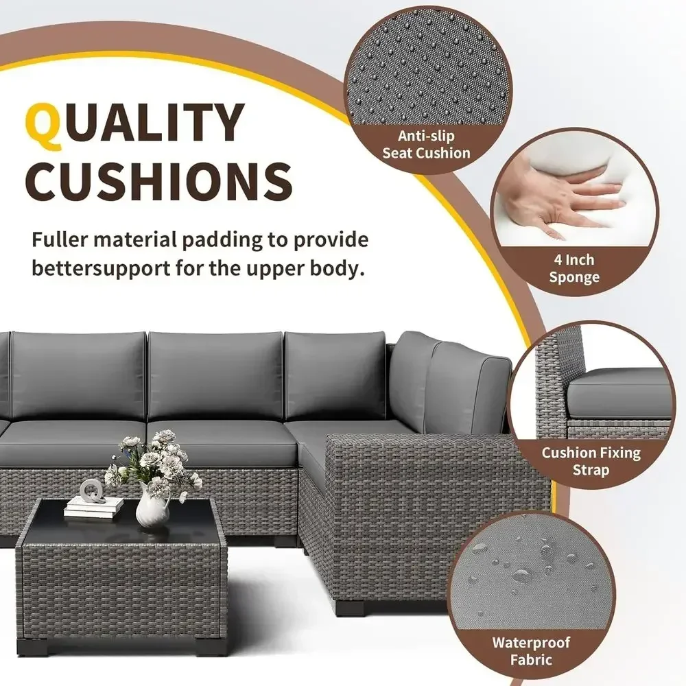 6 Pieces Patio urniture Set, Wide Arm Outdoor Patio Sectional Couch Set, All Weather Wicker Rattan Contion Set w/Cushions and Gl