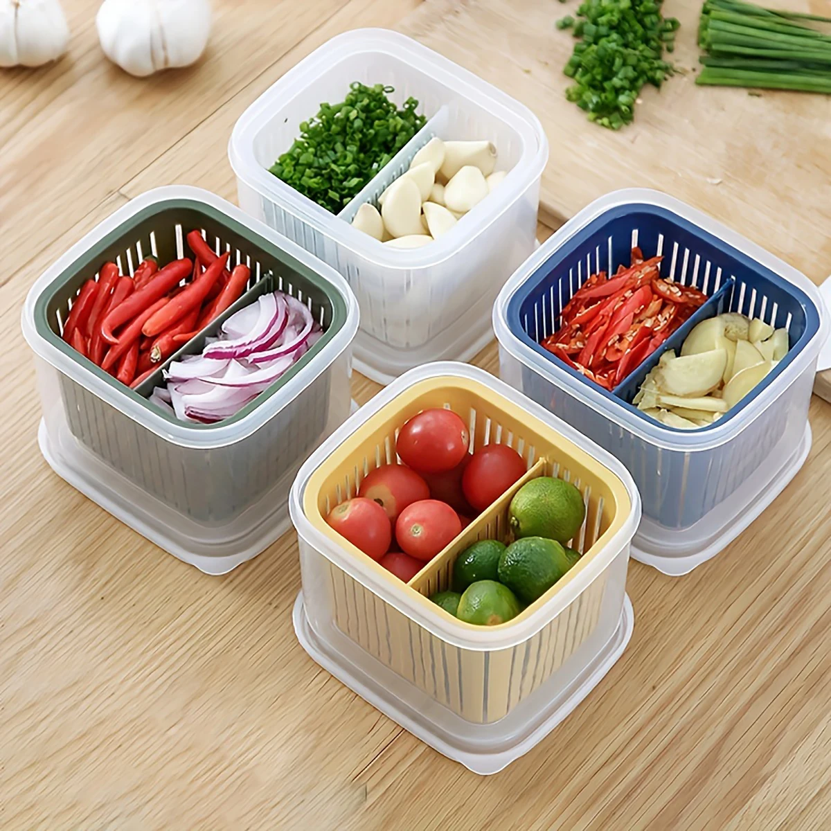 Food Storage Containers with Lids Airtight Scallion Preservation Box Fridge Fresh-Keeping Container Divided Fruit Storage