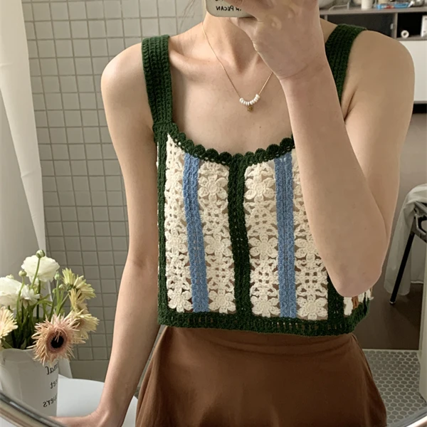 

Crochet Cami Top for Women Embroidery Floral Open Knit Sleeveless Strap Tank Tops Teengirl Summer Vacation Outfit
