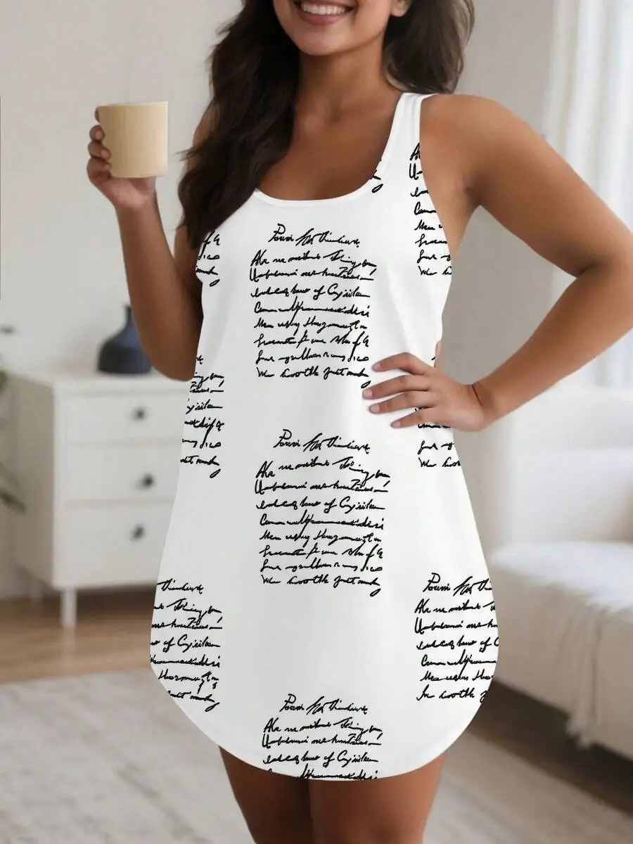 

Plus Size Sleeveless Vest Dress With Handwritten Script Print Casual Comfortable Home Loungewear