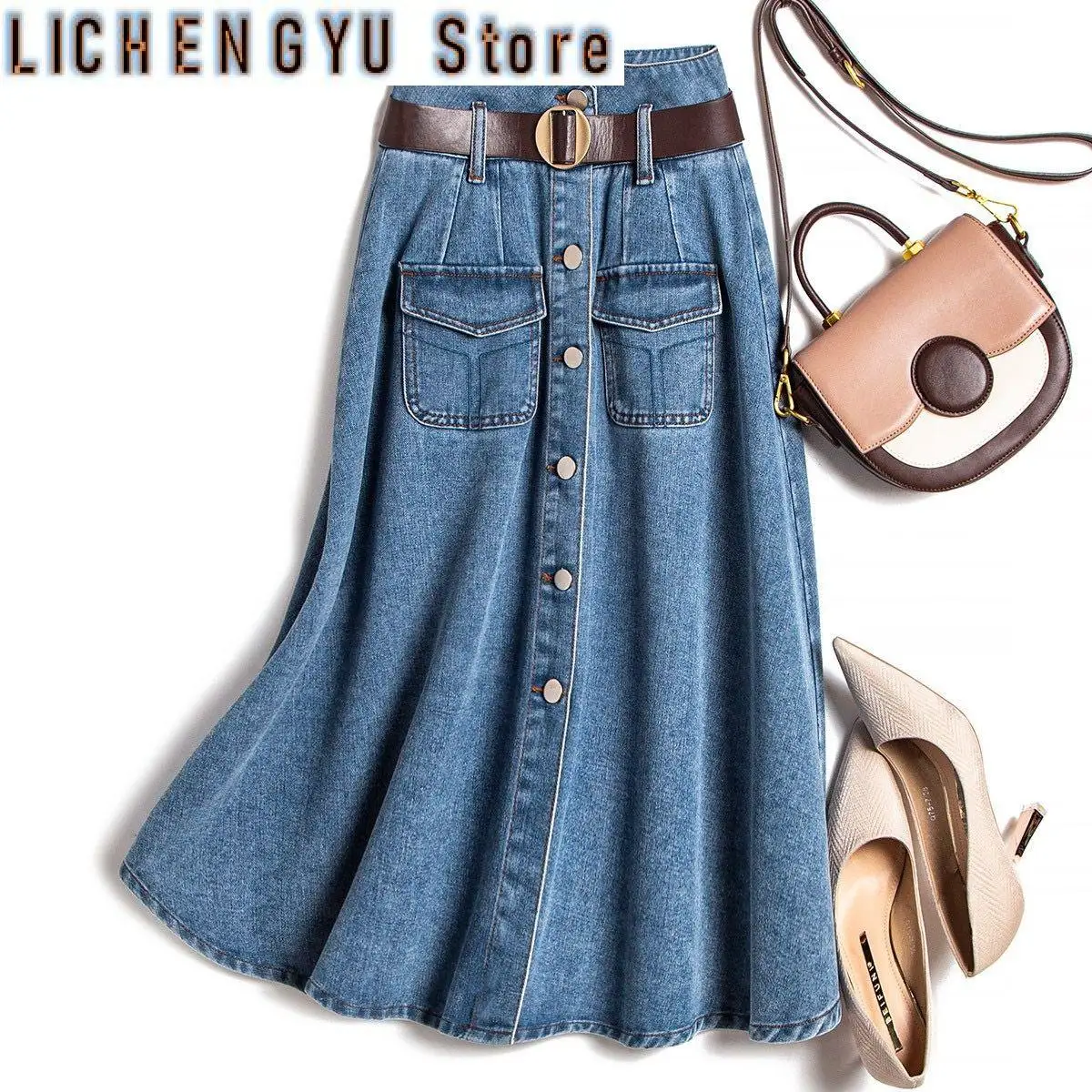 

New Korean Style Spring-Summer Type Skirt Women's Fashion Commuter Single-Breasted Belt Denim Skirt