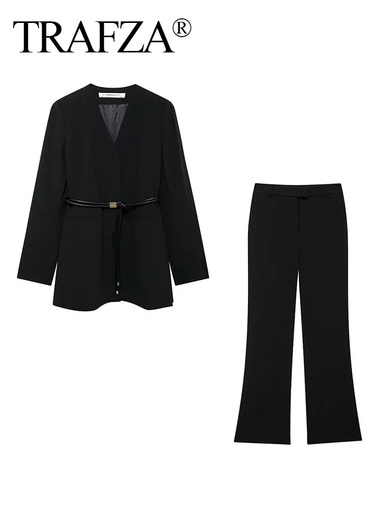 TRAFZA 2024 Women V-Neck Long Sleeves Pocket Belt Decorate Blazer Top+High Waist Loose Casual Slim Wide Leg Pant 2 Piece Set