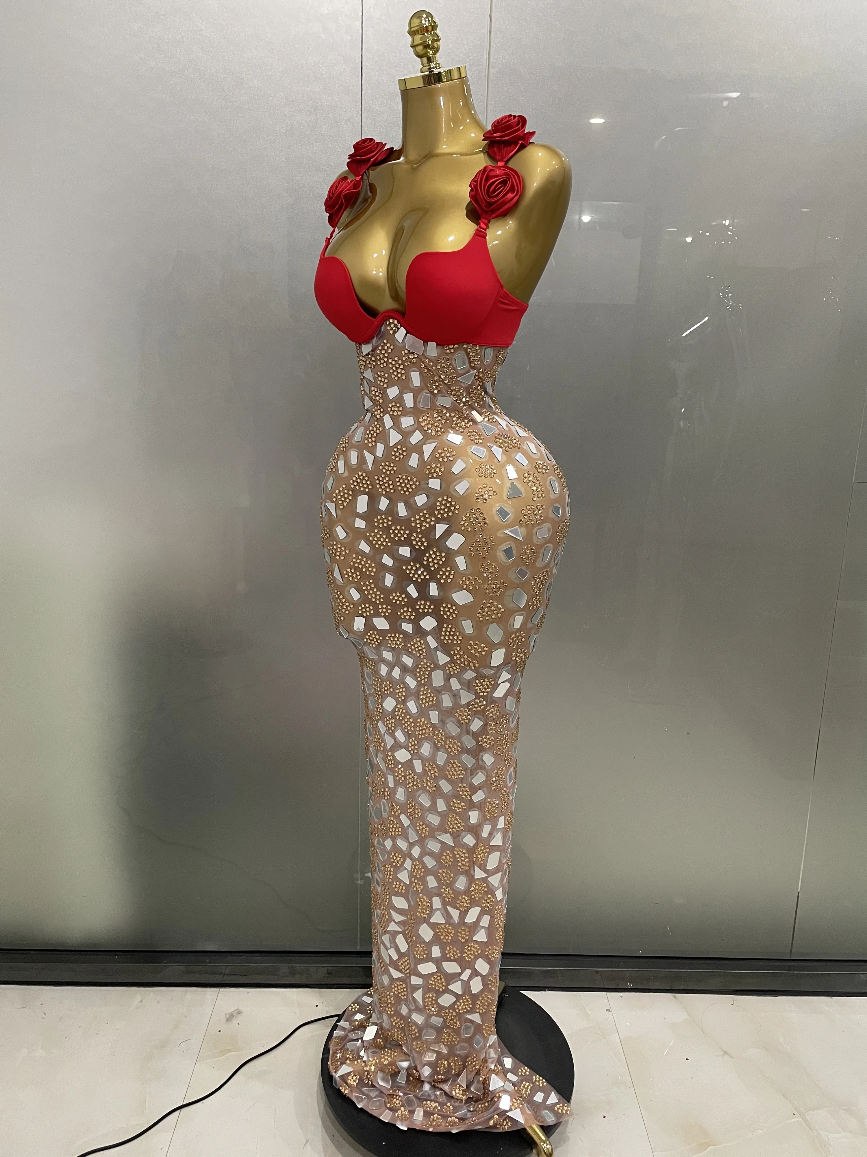 Sexy glitzerndes Strass-Mesh-Spiegel, rote Rosen, langes Kleid, 2025, neue Damen-elegante Abendparty, Club, Bühnenkostüm