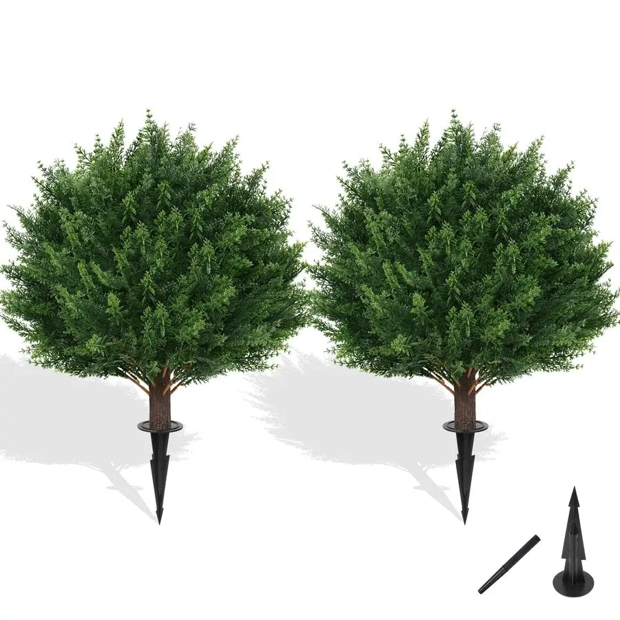 

Artificial Cypress Topiary Tree with Ground Spike, Set of 2 Artificial Shrub Bushes, Fake Evergreen Tree for Porch, Artificial P