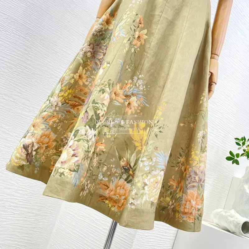 Abito longuette da donna per spaghetti da vacanza in lino senza maniche con stampa floreale verde oliva stile spiaggia